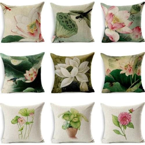 Beautiful Lotus Printing Pillow Case Cotton Linen Simple Flower Lotus Pattern Throw Decorative Pillowcases Cover almohada