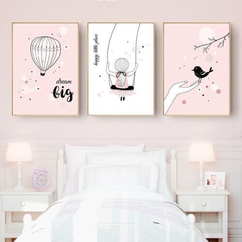 Nursery Cartoon Posters Litter Pink Girl Swing Balloon Canvas Painting For Kids Room Wall Decor Pictures Nordic Wall Art Prints