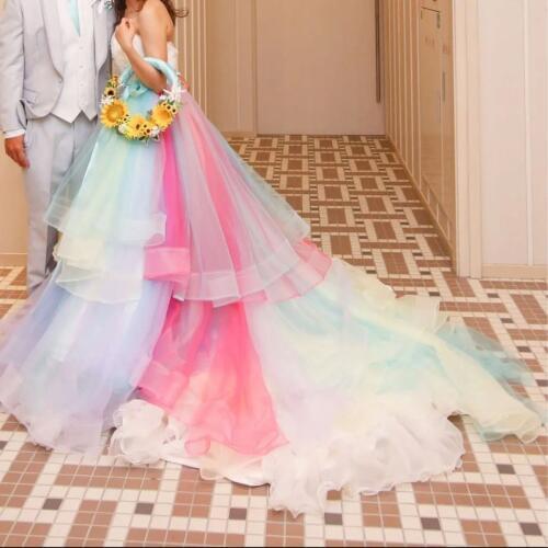 Colorful Rainbow Long Skirt Chic Ombre Wedding Skirt Custom Made Tiered Ruffles Prom Party Skirt Sweep Train Engagement Photo