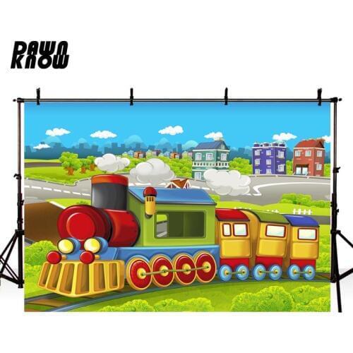DAWNKNOW Photography Background Newborn Cartoon Train Photocall Backdrop Baby Birthday Party Photo Shoot lv2495