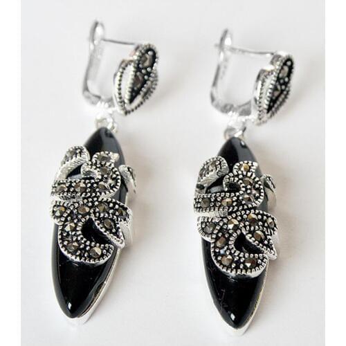 Hot Sellhot sell new - 11/2" New 925 Sterling Silver & Marcasite inlay Natural Black stone fashion Earrings