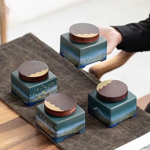 Ceramic Kiln Changed Tea Cans Gift Box Storage Cans Moisture-proof Wooden Lid Sealed Cans Household Tea Boxes Tea Warehouses