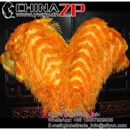 CHINAZP Size from 26inch to 28inch (65~70cm) 50pcs/lot Top Quality Dyed Orange and Yellow Striped Ostrich Feather for Carnival