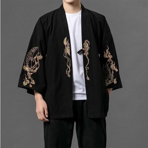 Online Chinese Store Yukata Black Embroidery Asian Clothes Cardigan Kimono Shirt Men Traditional Japanese Kimonos Haori FF2803