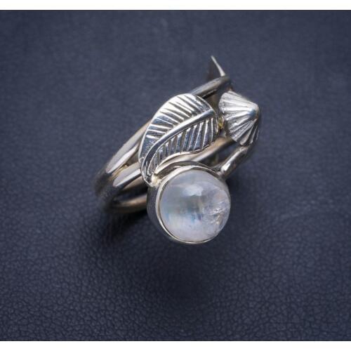 Natural Rainbow Moonstone Handmade Unique Leaf 925 Sterling Silver Ring 6 A1174