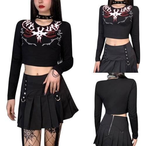 Fashion dark Spice Girls short T-shirt, abstract printed long sleeve casual middle off shoulder round neck autumn slim fit top