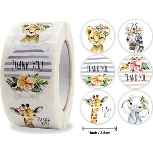 500PCS Cartoon Animal Thank You Stickers for Small Business Giraffe Elephant Cat Flower Celebrating Gift Box Seal Label Tag