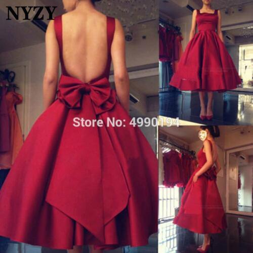 NYZY C144 Vintage Big Bow Backless Ball Gown Robe Soiree Dubai Burgundy Satin Cocktail Dresses abendkleider kurz 2019