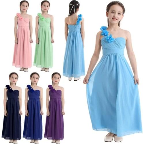Elegant Girls Dress Chiffon One-shoulder Flower Girl Dress Princess Pageant Wedding Birthday Party Dress Childrens Vestidos