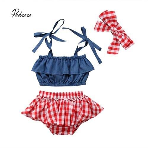 Pudcoco 2018 Newborn Toddler Baby Girl Clothes Set Strap Demin Tops+Plaid PP Hemline Shorts+Headband 3Pc Summer Cute Outfit 0-3Y