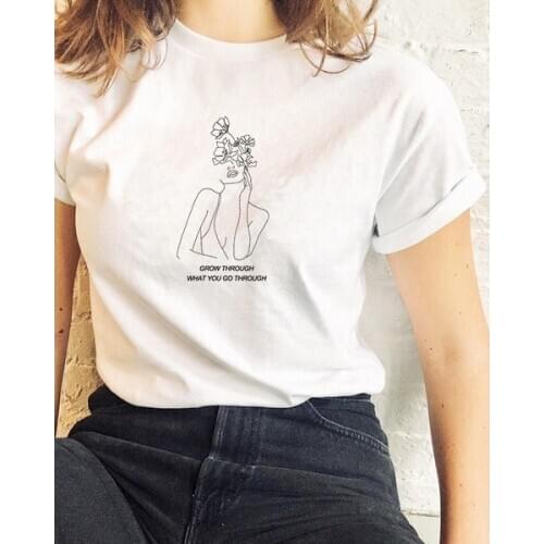Grow Through What You Go Through Feminist Inspirational Quotes Art Drawing T-Shirt Womens Summer Casual Short Sleeves White Tee