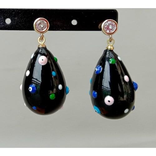 Black Sea Shell Pearl Teardrop Enamel Cz Dangle Stud Earrings for women Wedding Party Jewelry Gift
