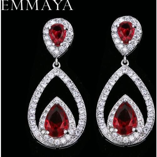 EMMAYA AAA Cubic Zirconia Classic Big Drop Crystal Earrings with Red CZ Luxury Bridal Wedding Earrings for Women