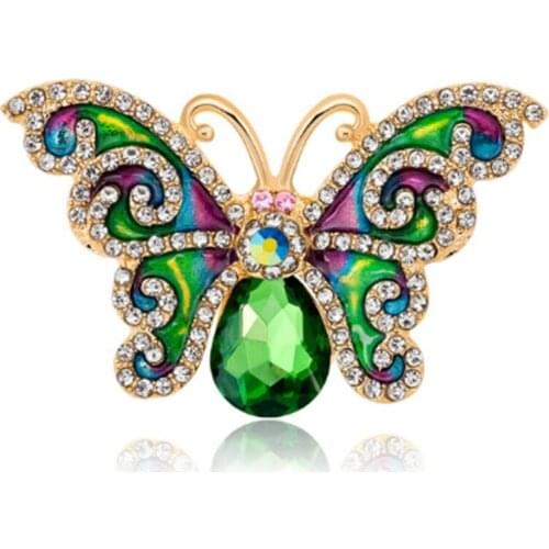 Women Summer Style Rhinestone Green Butterfly Brooch Enamel Brooch Fashion Party Jewelry