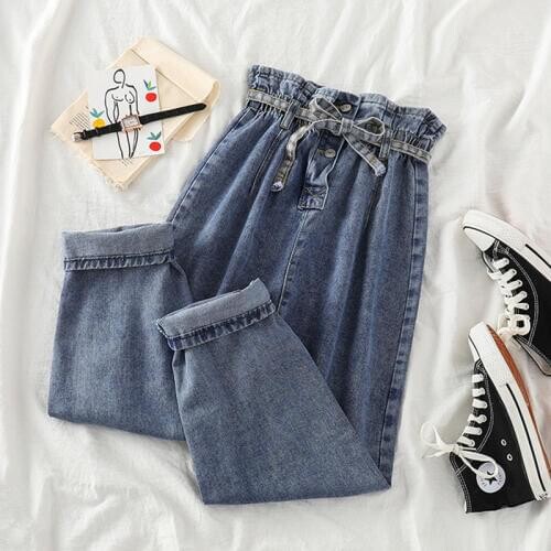 Gowyimmes 2019 Autumn Casual Women Jeans High Waist Ankle Length Jeans Big Size Vintage Blue Mom Jeans Denim Pants Trousers P606