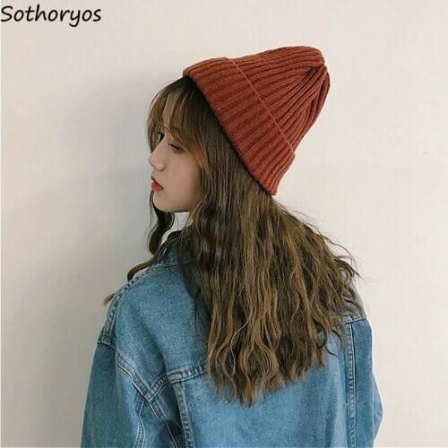 Beanies Women Knitted Solid Crochet Bonnet Retro Thick Autumn Winter Warm Multicolor Korean Style Chic Fashion Kpop Ulzzang New