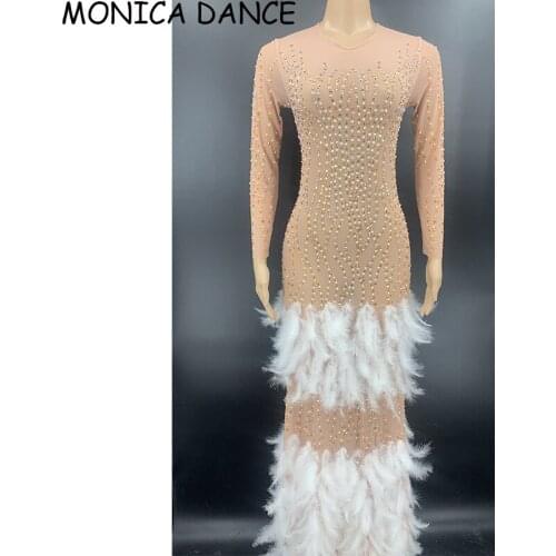 Women Sexy Stage Feather Rhinestones Long Dress Transparent Evening Birthday Celebrate Nightclub Stage Show Singer Costume