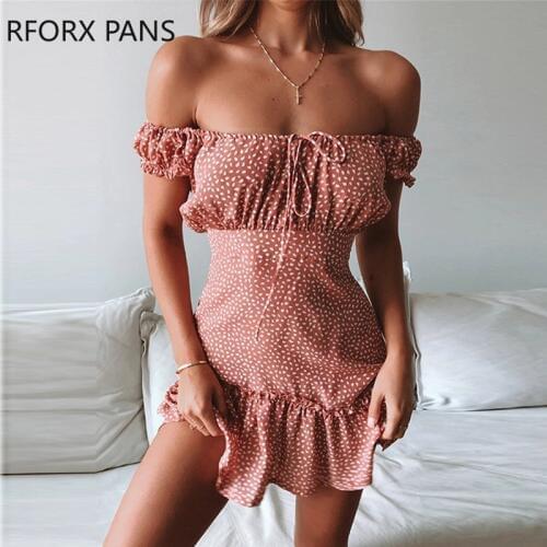 Women Sweet Vacation Print Floral Dot Printed Falbala Dress Off-Shoulder Dress Vintage Dress Summer Dress