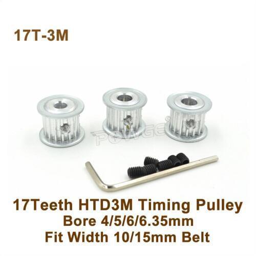 POWGE 17 Teeth 3M Timing Pulley Bore 4/5/6/6.35mm Fit W=10/15mm 3M Belt 17T 17Teeth HTD3M Synchronous Belt Pulley 17-3M AF