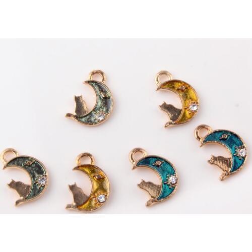 20pcs Gold Tone Alloy Oil drop Cat on the moon Charm Enamel Necklace Pendants For Ladies Earring DIY Handmade Jewelry Making