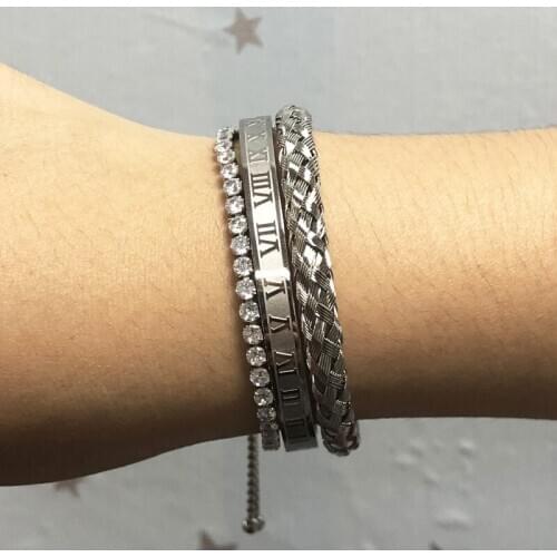 3pcs/set Stainless Steel Shiny Zircon Woman Bracelet & Bangle Roman Love Bangle Weave Style Bangle Gold Color Pulseira Jewelry