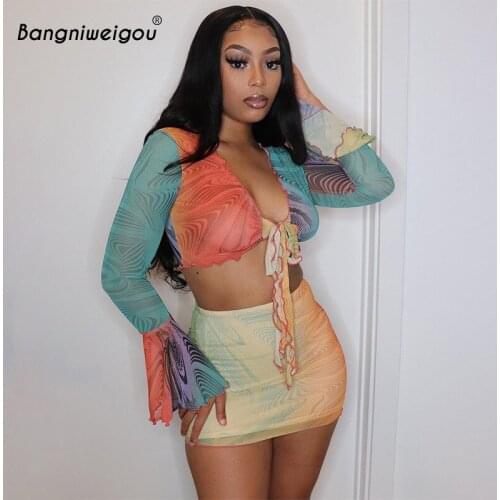 Bangniweigou tulle skirt two piece set for women summer long sleeve bow knot crop top printed mesh see through dress sets outfit