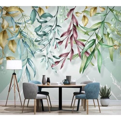 Beibehang Small fresh Nordic tropical plants hand painted watercolor leaves geometric lines background wall mural wallpaper