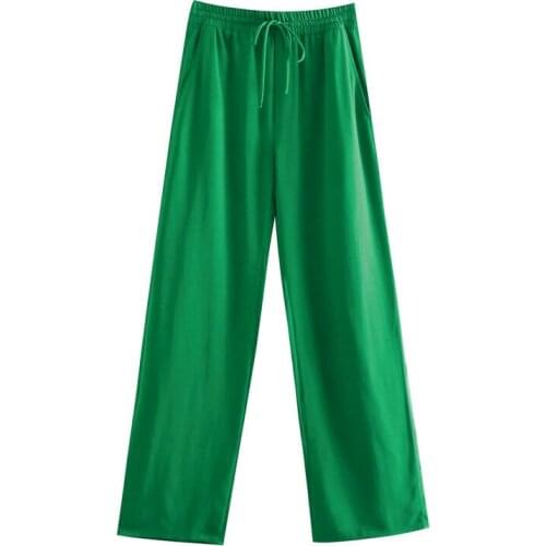 Kili Women Green Color Pockets Casual Straight Pants Female Chic Elastic Waist Lace Up Summer Long Trousers