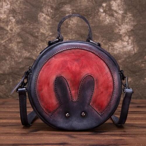Girl Style Rabbit Genuine Leather Women Small Bag 2021 Winter Retro Circular Cowhide Shoulder Bags Cute Ladies Mini Tote Bags