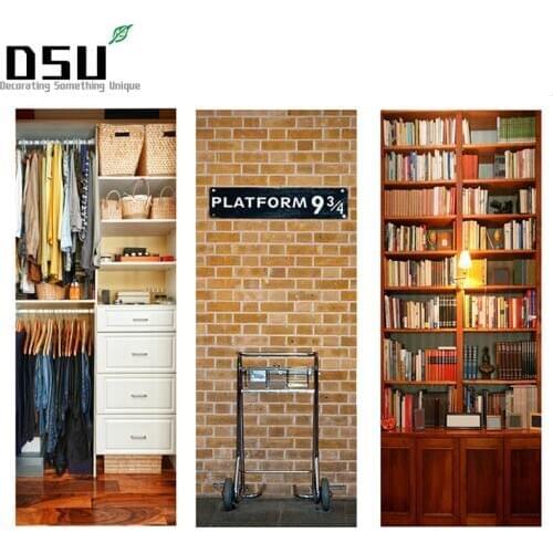 DIY 3D Door Stickers Bookcase Pattern Self Adhesive Waterproof Door Murals Bedroom Home Decor Poster Refrigerator Wall Sticker
