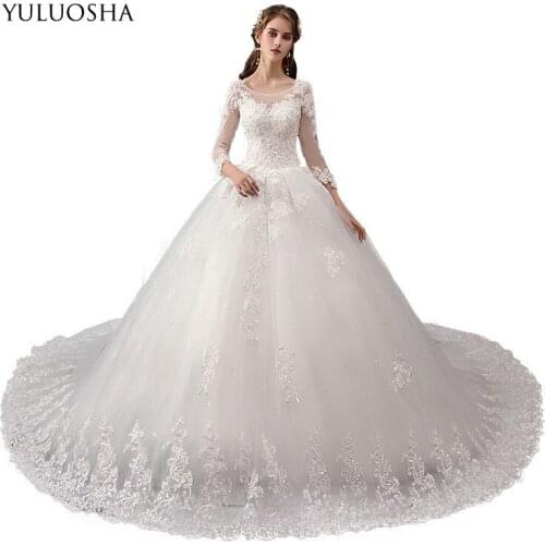 YULUOSHA Long Burgundy Dress for Wedding Sexy Lace Up Appliques O-Neck Cathedral/Royal Train Lace Wedding Dress Vestido De Noiva