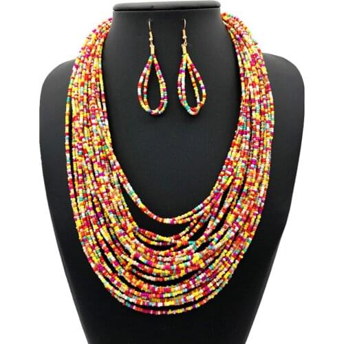 Ethnic Wedding Women Jewelry Sets 6 Colors Bohemia Multi Layer Resin Seed Beads Long Pendants Beaded Necklace Drop Earrings Sets