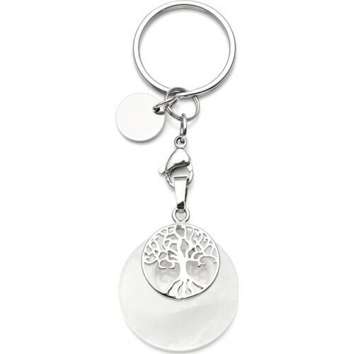FYJS Unique Silver Plated Circle Lobster Clasp Round Hollow Natural Rock Crystal Key Chain Tree of Life Jewelry
