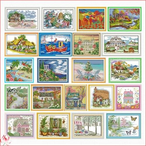 Hut Scenery Series Cross Stitch Kit DIY Flowers Pattern 14CT 11CT Embroidery Set Needlework Home Decoration Craft Painting Gift