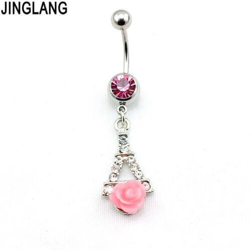 JINGLANG Fashion Belly Button Rings 316L Stainless Steel Barbell Dangle Rhinestone Tower Mix Rose Navel Piercing Jewelry