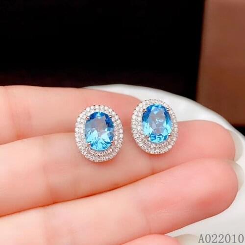 KJJEAXCMY Fine Jewelry 925 sterling silver inlaid natural gemstone blue topaz female earrings Ear studs fashion support test