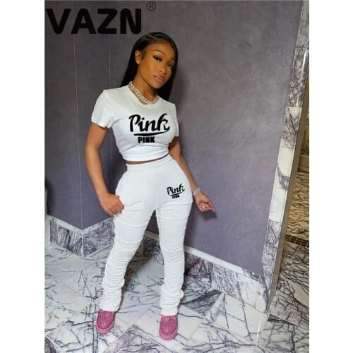 VAZN New Arrival 2020 Women Short Sleeve CropTop Slim Tracksuit Two Pieces Set letter Print High elastic Sets