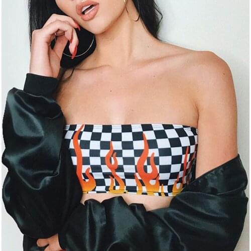 Sexy Fashion Contrast Womens Flame Print Tank Tops Halter Lattice Plaid Blouse Wire Free tank top Breast Wrap chest tube