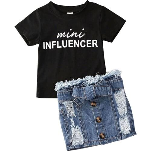 Fashion Baby Girls Clothes Short Sleeve Letter Print T shirt Tops+Button Hole Pencil Skirts Summer 2PCS Outfits Set