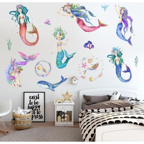 Cartoon Mermaid Princess Wall Stickers Wallpaper DIY Vinyl Reflective Home Living Room Decor Wall Stickers For Kids Rooms