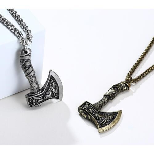 Viking Men Ax Pendant Necklace Nordic Mythology Gold Silver Color Wolf Design Rune Hatchet Bottle Opener Choker Charms Collier