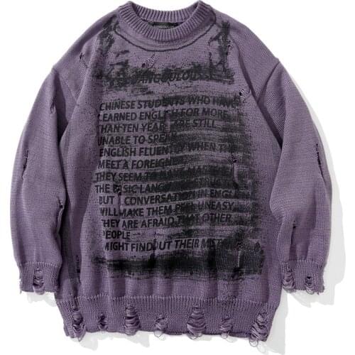 Eukaaru Letter Printed Ripped Sweater Men High Street Mens Oversized Knitted Sweater Loose Round Neck Pullover Black Sweaters