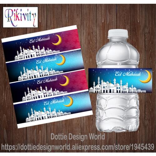 20Pcs Custom Eid Mubarak Water Bottle Labels WaterProof Self Adhesive Candy Bar Wrapper Stickers Wedding Baby Shower Decoration