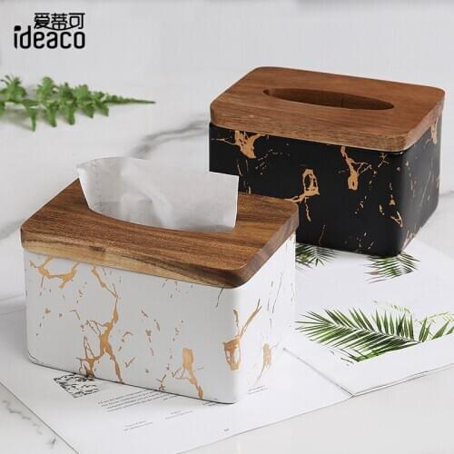 Simple modern art imitation marble texture ceramic tissue box Classic home decoration Wooden cover tissue boxs