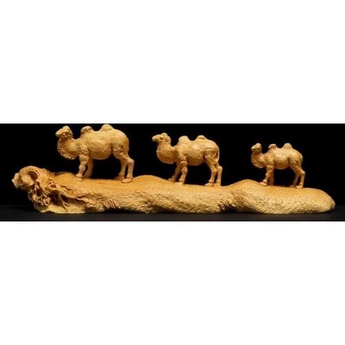 Estatua de madera maciza tallada de animales de camello, muebles de seda, camino de boj, tallado, habitación, fortuna, riqueza