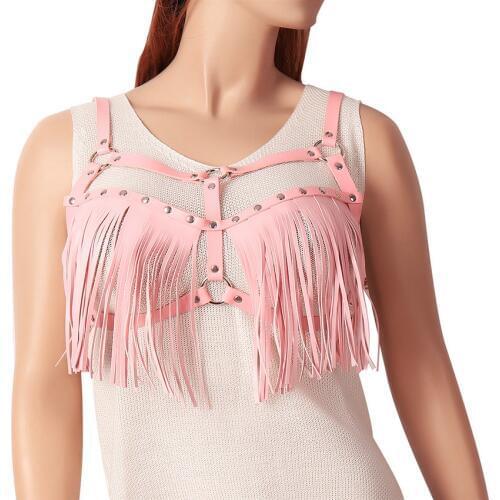 Sexy Tassel Lingerie Harness Leather Pink Belt Harajuku Punk Straps Hollow Out Adjust Party Club Dance Festival Rave Woman Bra
