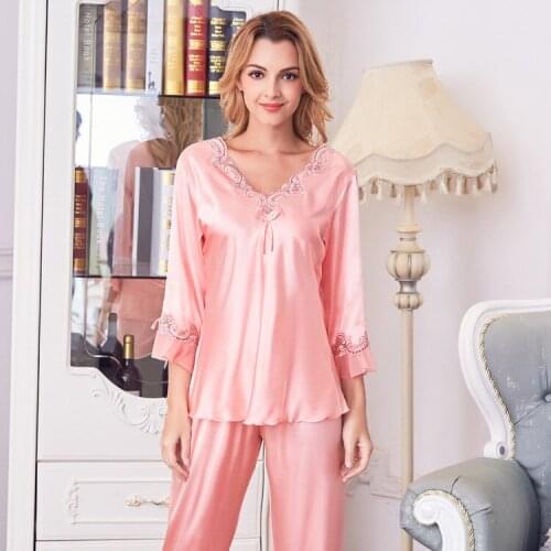 Silk Pajama Sets for Women Sexy Homewear Spring Autumn Night Suit Female V-Neck Sleepwear Solid Color Pijama Pants Home Clothing