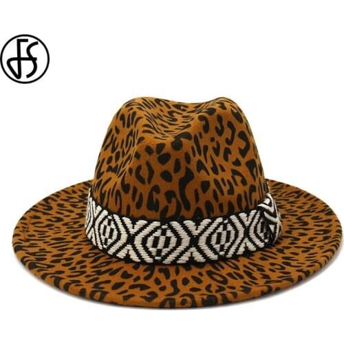 FS Fashion Men Women Wool Felt Fedora Leopard Jazz Hat Beige Camel Wide Brim Hats Vintage Panama Trilby Caps With Ribbon Band