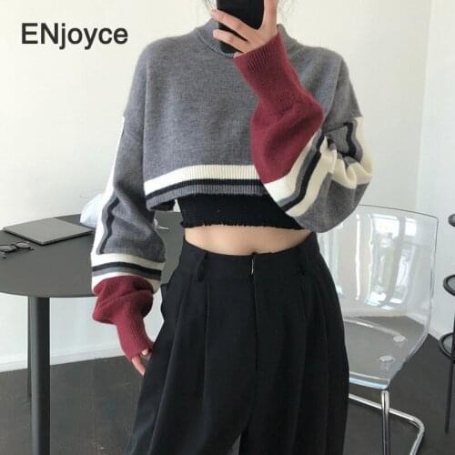 Retro Grey Knitted Sweaters Cropped Tops Women Oversized Long Sleeve Short Top Pullover Female Sweater Korean Style Clothes