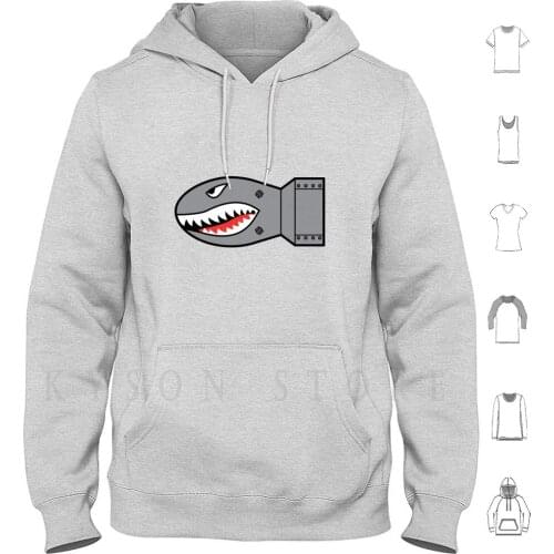 Shark Bomb Hoodie Long Sleeve Shark Bomb Cool Gray Teeth Red White Military Cartoon Funny Graphic Ww2 Old School